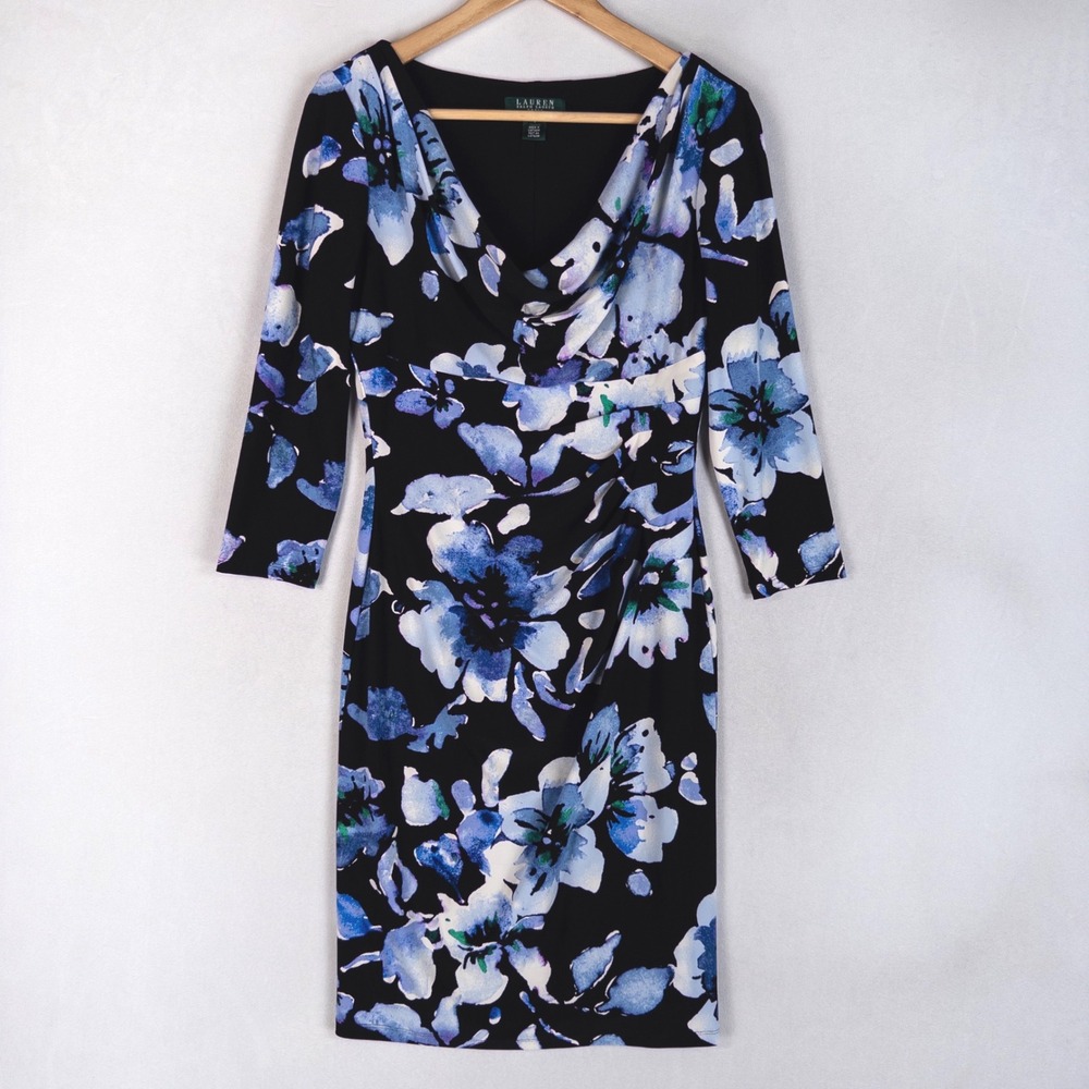 Lauren Ralph Lauren Sheath Dress Womens 6 Black Blue Floral Cowl Neck Ruched